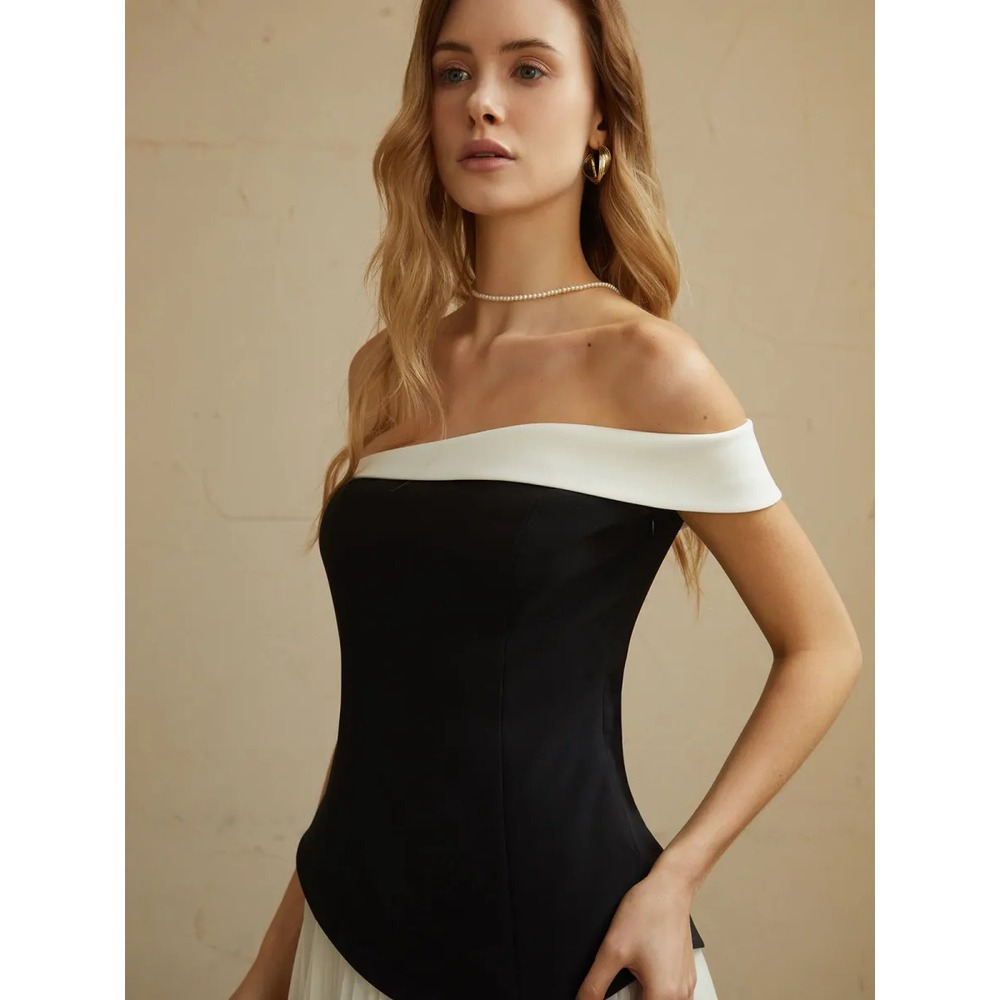 Commense Off-Shoulder Black and White Evening Gown Formal Dress Large - Picture 3 of 17